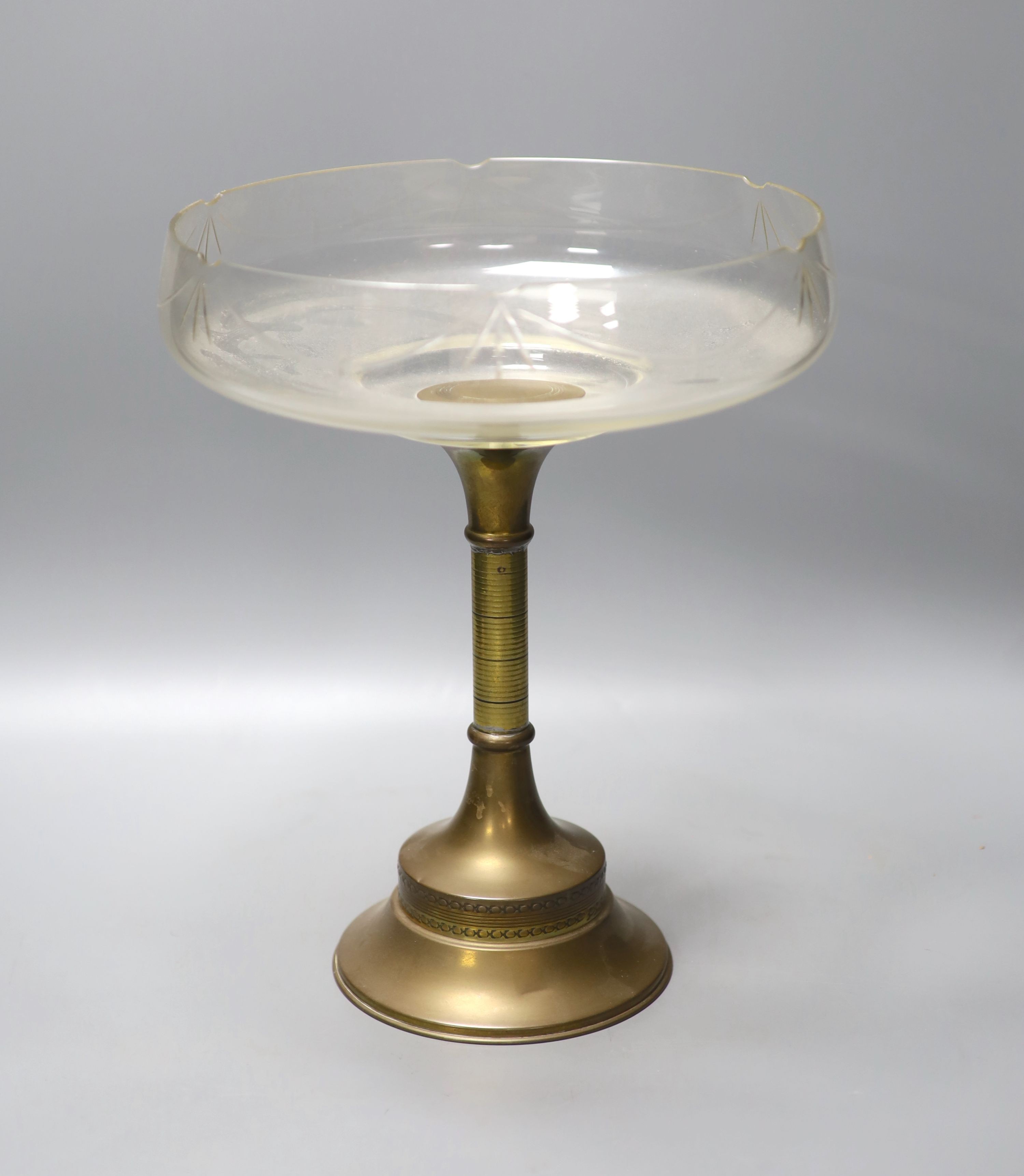 A brass comport with glass bowl, 34. 5 cm high